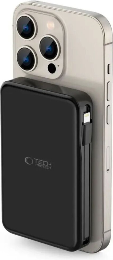 Tech-Protect LifeMag 10 000 mAh PowerBank med Integrert USB-C og Lightning Kabel og USB-A og USB-C Plugg - MagSafe Kompatibel - Svart