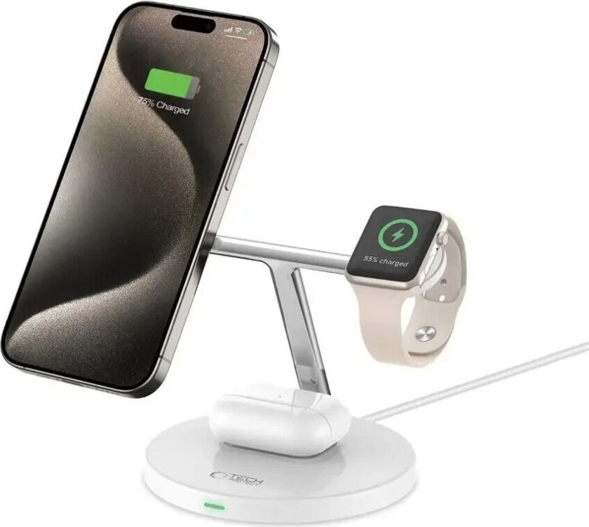 Tech-Protect A35 3-i-1 Magnetisk Trådløs Lader 15W - MagSafe Kompatibel - Hvit