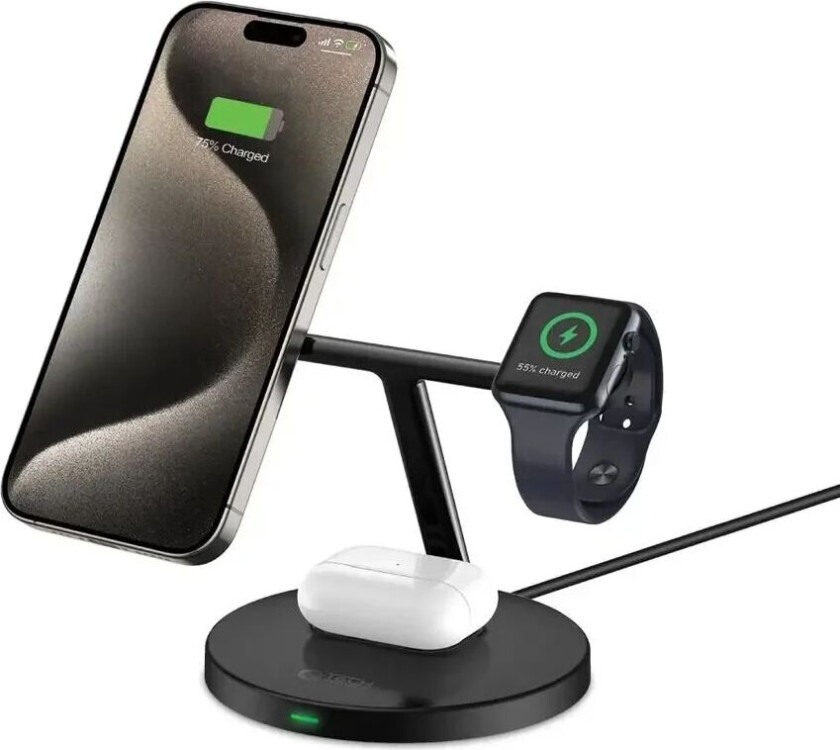 Tech-Protect A35 3-i-1 Magnetisk Trådløs Lader 15W - MagSafe Kompatibel - Svart