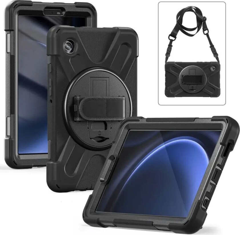 Samsung Galaxy Tab A9 Håndverkerdeksel med Håndholder, Stativ, Pencil Holder og Skulderstropp - Svart