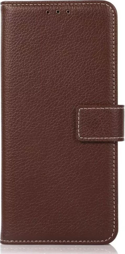 iPhone 15 Pro Litchi Leather Flip Deksel med Hvite Sømmer og Lommebok - Brun