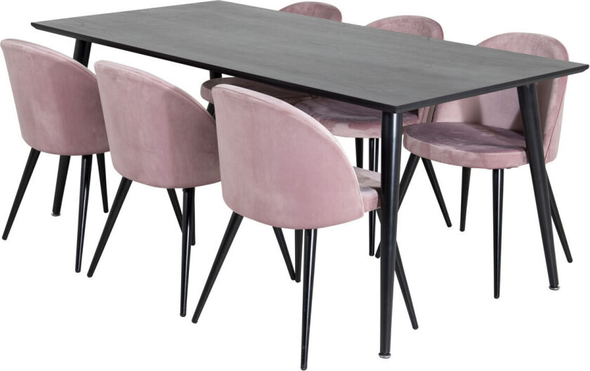 Dipp180x90BLBL spisegruppe spisebord svart og 6 Velvet spisestuestoler velour rosa, svart.