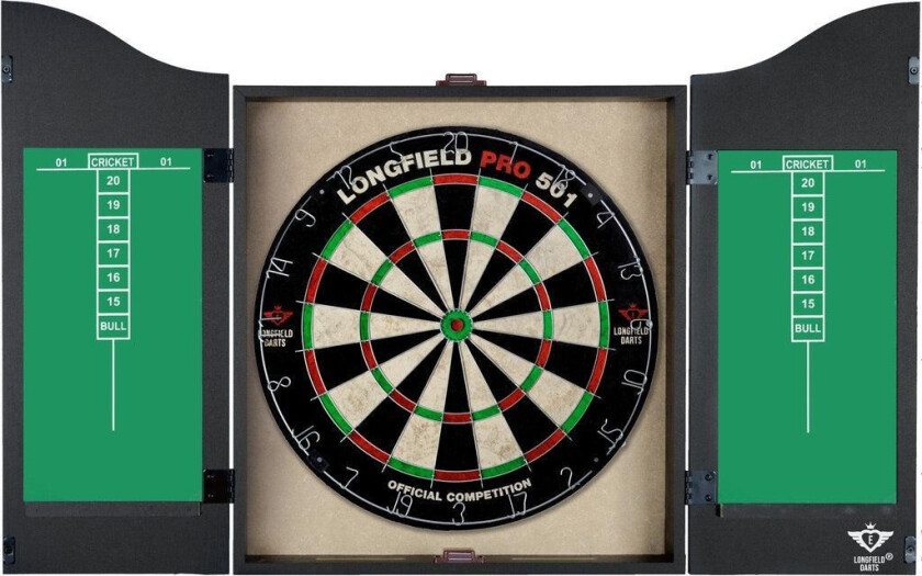 Dartskap i sort tre med sisal dartskive og dartpiler