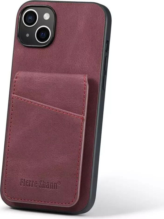 iPhone 14 Skinndekket Plast Deksel med Kortholdere og Stativfunksjon - Rød