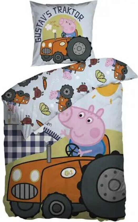 Økologisk sengetøy - 140x200 cm - Sengesett med Gustav gris og traktor - 100% økologisk bomull