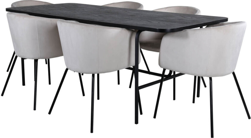 UnoBL spisegruppe spisebord svart og 6 Berit spisestuestoler velour beige.