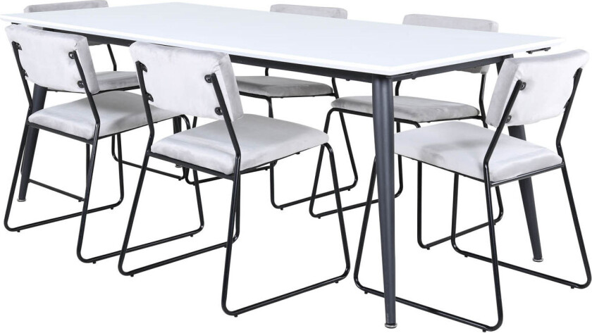 Jimmy195 spisegruppe spisebord uttrekksbord lengde cm 195 / 285 hvit og 6 Kenth spisestuestoler velour grå.