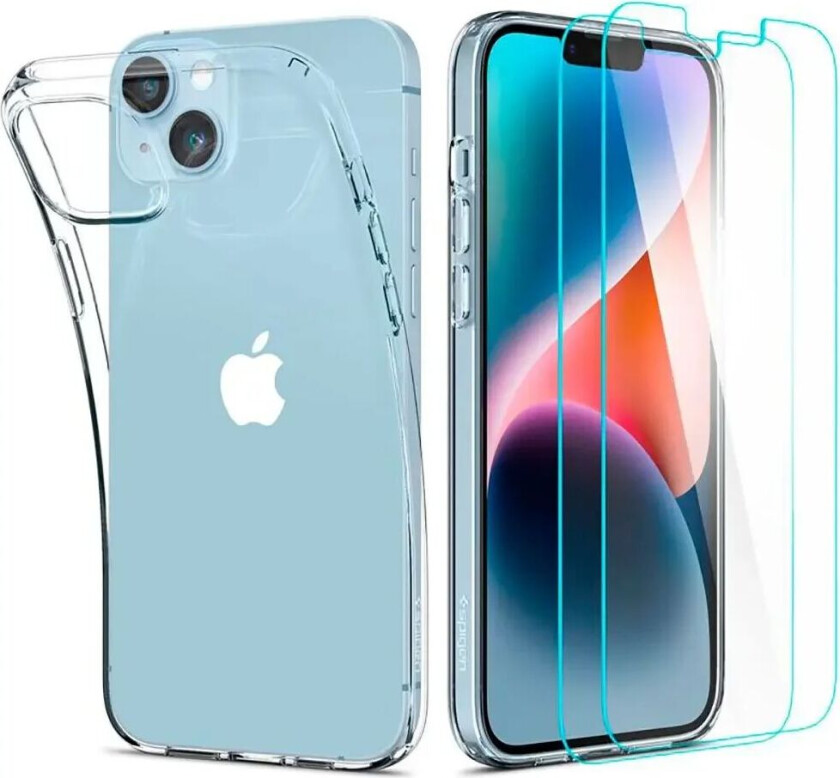 iPhone 14 Plus Crystal Pack Set m. Deksel og 2 stk. Beskyttelsesglass - Gjennomsiktig