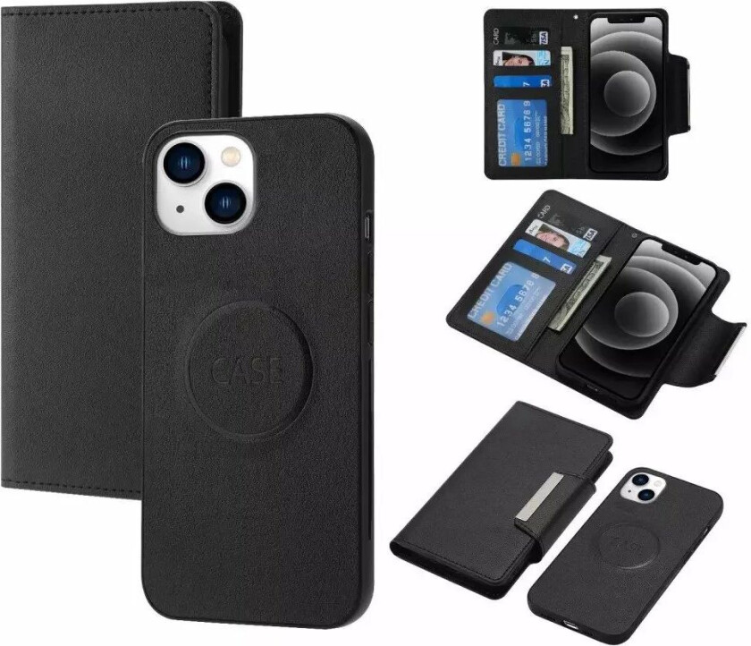 iPhone 15 Plus 2-i-1 Flip Deksel i Kunstskinn med Lommebok og Magnetlås - Svart