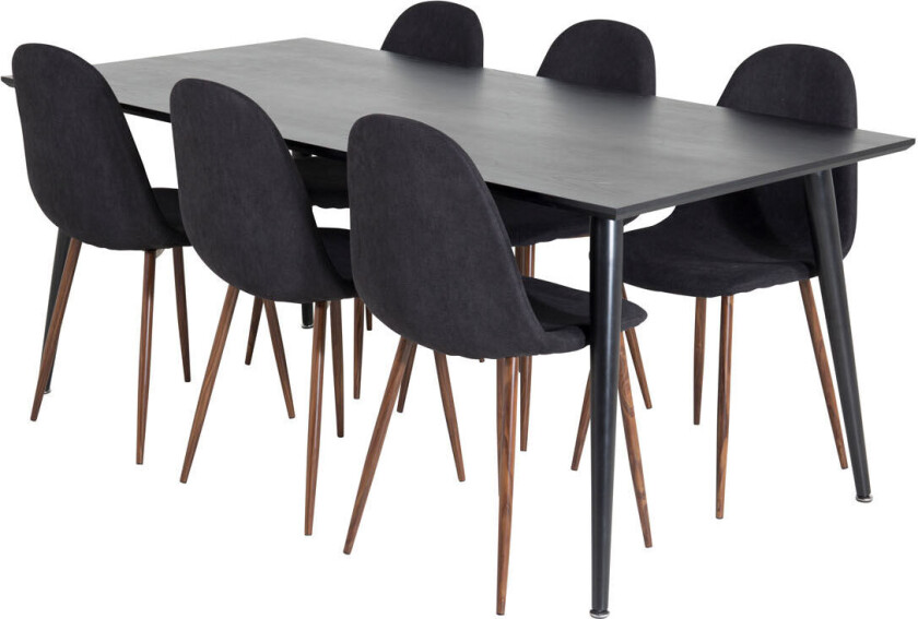 Dipp180x90BLBL spisegruppe spisebord svart og 6 Polar spisestuestoler svart.