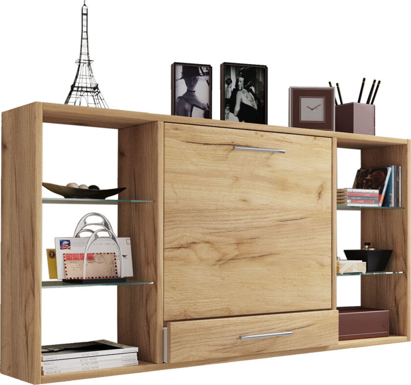 Teala skrivebord vegghengt skriveplate, 6 rom og 1 skuff honning eik dekor.