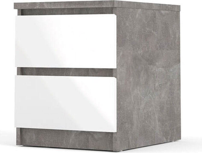 Bilde av Nada nattbord med 2 skuffer, betong dekor,hvit høyglans.