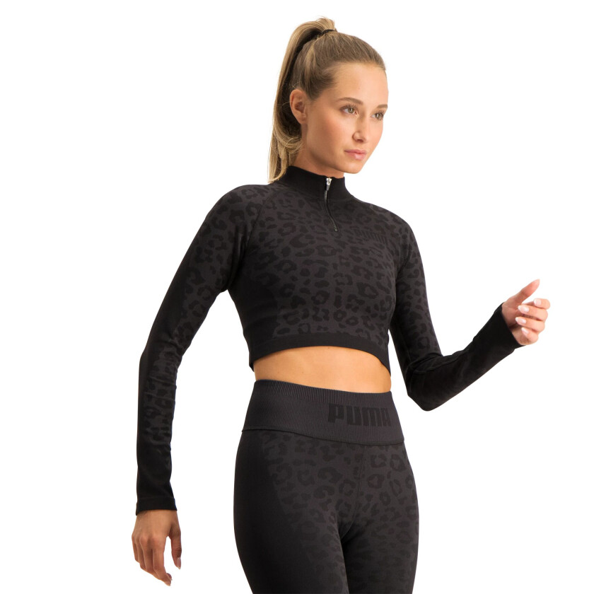 FormKnit Seamless Cropped 1/4 Zip, treningsgenser, dame  Black-leopard P