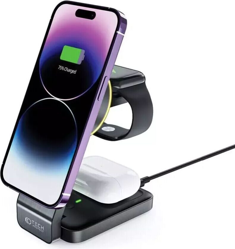 Tech-Protect QI-A28 3-in-1 15W Trådløs Lader - Svart