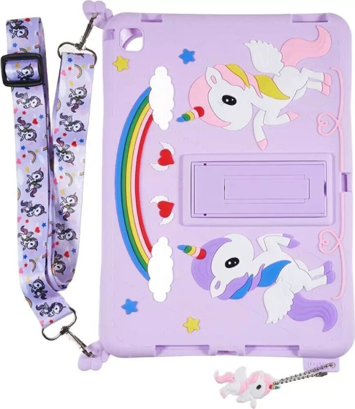 iPad 9.7 (2018-2017) / iPad Air / iPad Air 2 Silikon Deksel med Stativ, Trykk og Stropp - Enhjørning
