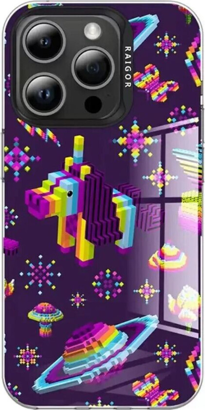 iPhone 15 Pro Pixel Series Håndverker Deksel m. Pikselert Print - Lilla