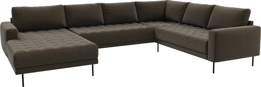 Rouge hjørnesofa med sjeselong og svarte ben. Gråbrun Venstre sving