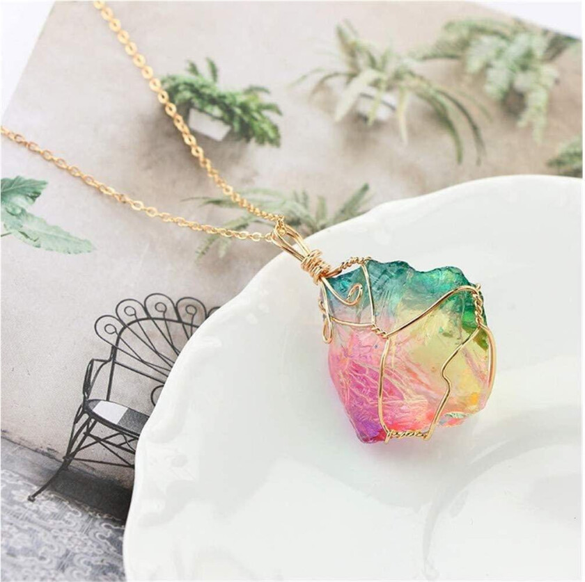 Krystallhalskjede - Regnbue med håndlagde Gulldetaljer