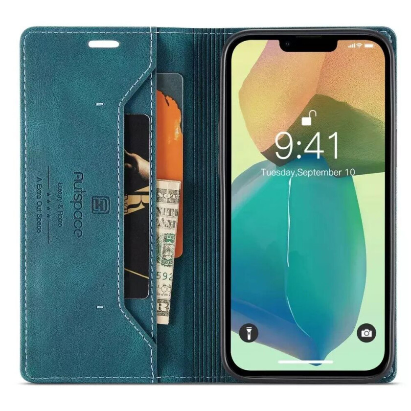 iPhone 14 Plus Retro PU Skinn Flip Deksel med Lommebok/Kortholder - Blå