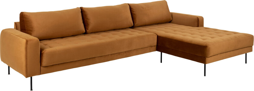 Rouge 2,5 -seters sofa med sjeselong og svarte ben. Sennep farget Høyresving