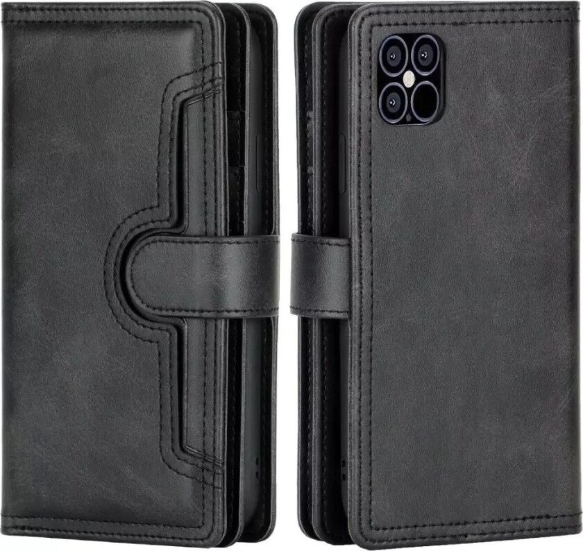 iPhone 12 Pro / 12 Skinn Flip Deksel med stor Lommebok - Svart