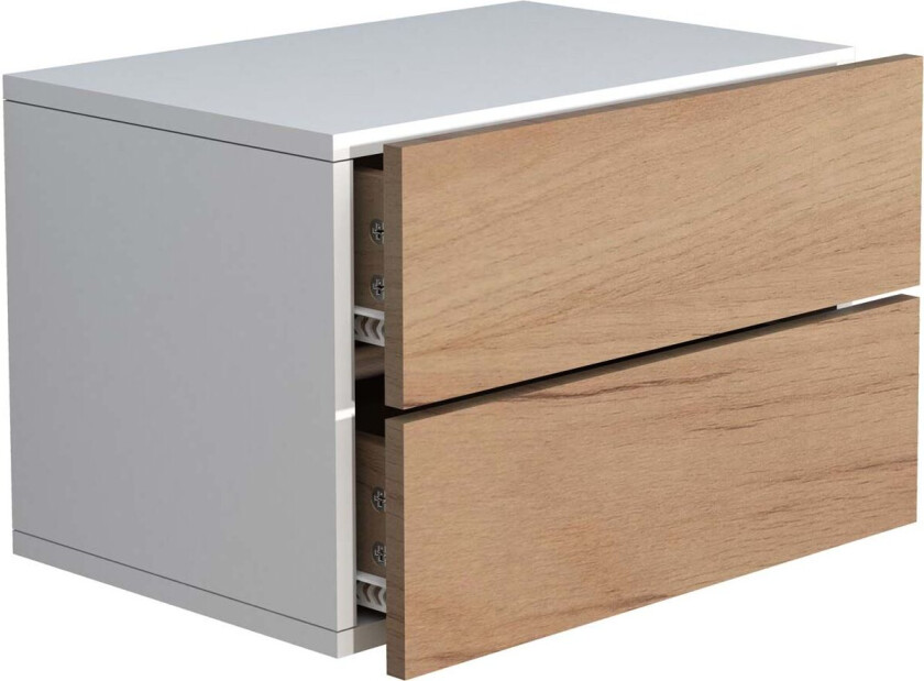 UsalL45 nattbord vegghengt 2 skuffr hvit, eik dekor.