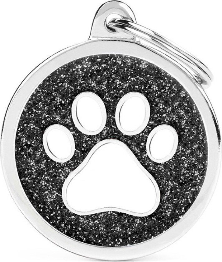Shine "Big Circle Black Glitter White Paw" ID Tag