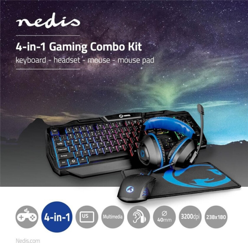 Gaming kit - 4 in 1 - Keyboard Mouse Headset and mousepad - Keyboard, mouse, speakers and mouse pad set - Amerikansk Engelsk - Svart