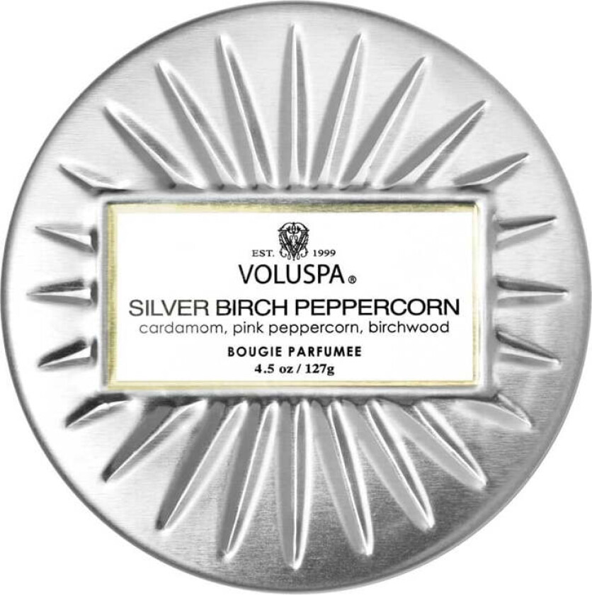 Voluspa Decorative Tin Candle Silver Birch Peppercorn 127g