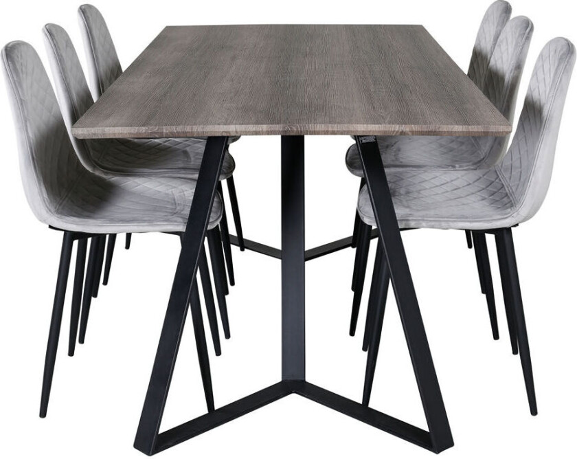MarinaGRBL spisegruppe spisebord el tre dekor grå og 6 Polar Diamond spisestuestoler velour grå.