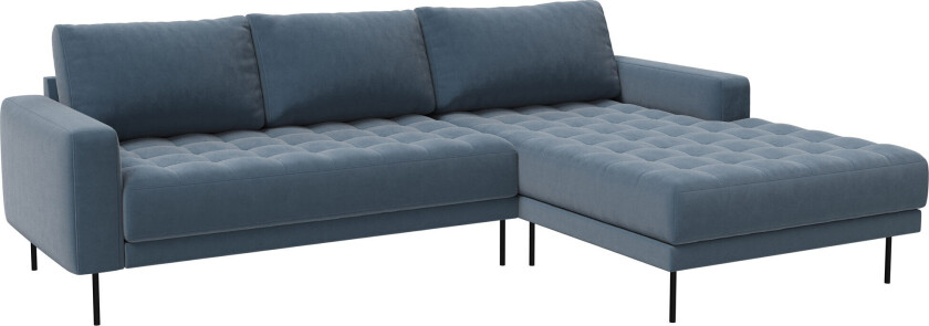Rouge 2,5 -seters sofa med sjeselong og svarte ben. Støvblå Høyresving