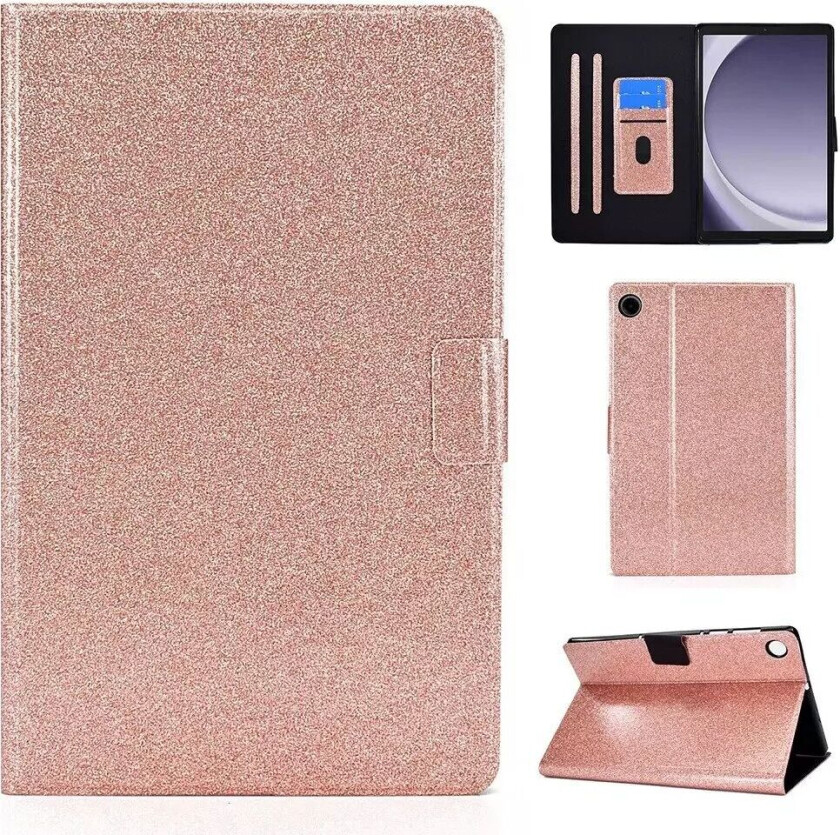 Samsung Galaxy Tab A9 Glitter Deksel m. Stativfunksjoner & Kortholder - Glitter Rose Gold