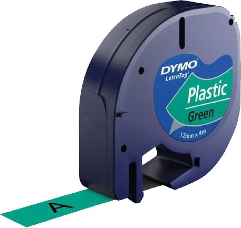Letratag plasttape, sort på grønn, 12mm x 4m rull, selvklebende