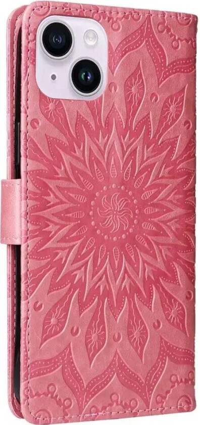 iPhone 15 Plus Skinn Deksel med Lommebok og Stropp - Mandala Blomst - Rosa