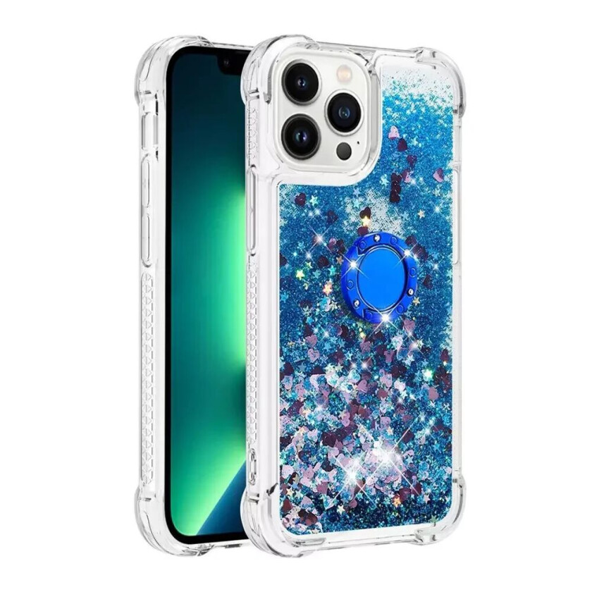 iPhone 14 Pro Dynamisk Glitter Bakdeksel m. Hjerter - Gjennomsiktig / blå