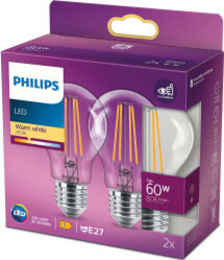 LED-lyspære Classic Standard 7W/827 (60W) Clear 2-pack E27