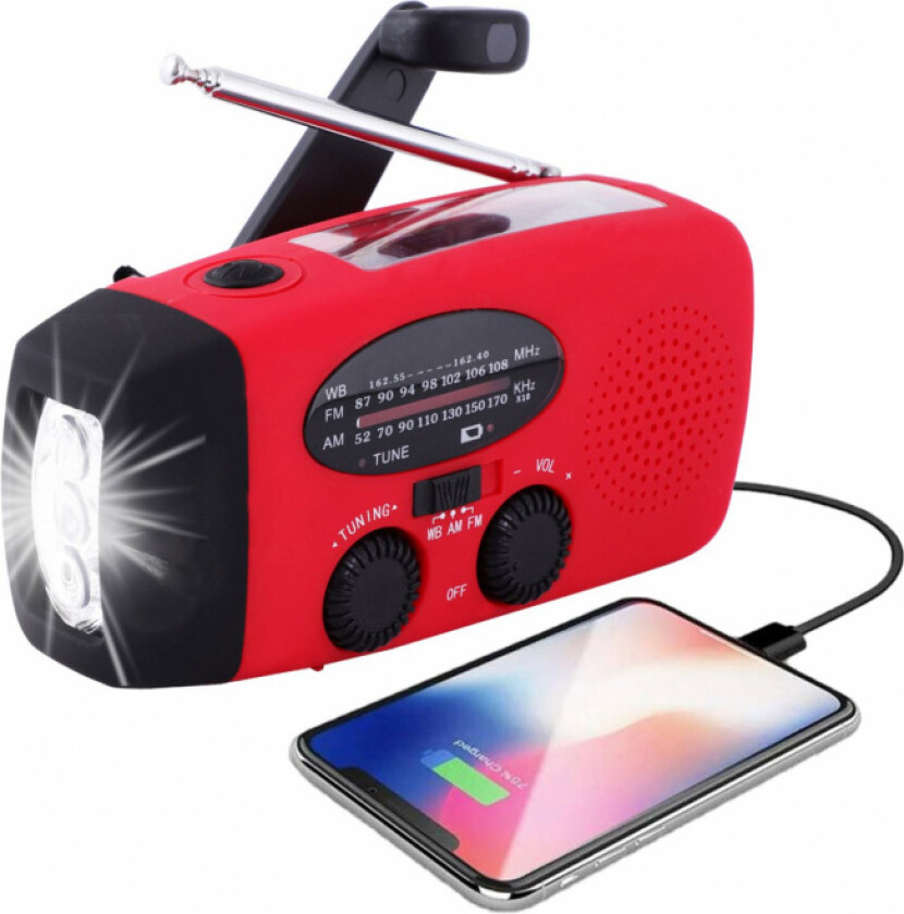 Vevradio / Nödradio med LED-lampa - FM-radio, Solcell, USB, Röd