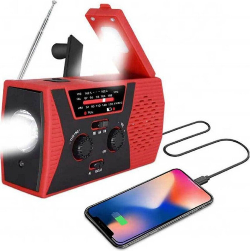 Vevradio / Nödradio med LED-lampa - FM-radio, Solcell, Laddbart batteri, Röd
