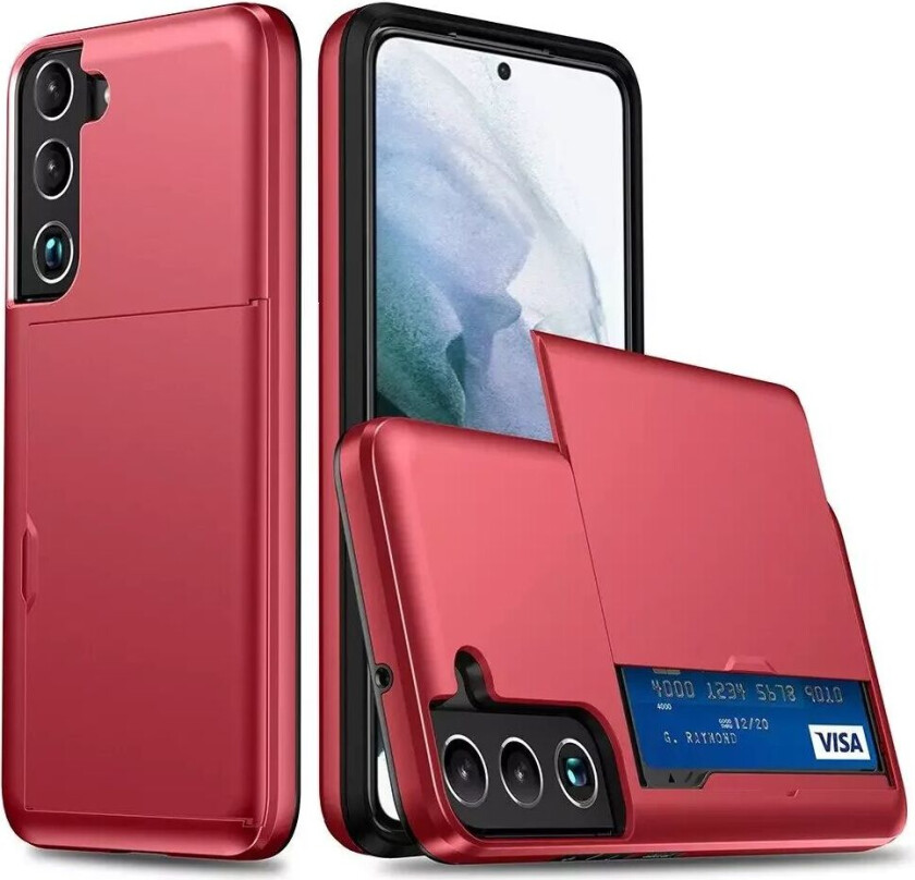 Samsung Galaxy S22 Hybrid Plast Bak Håndverker Deksel med kortholder - Rød