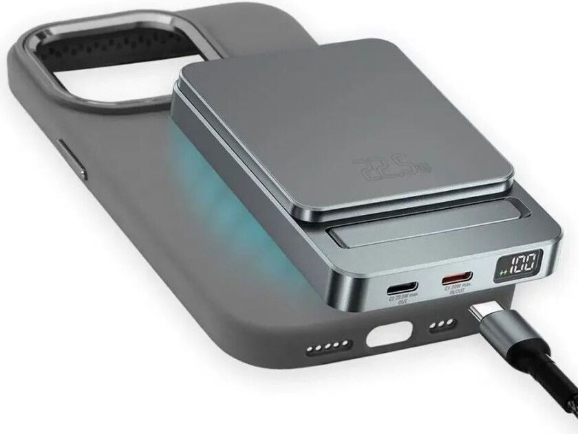 OneStyle iPhone 15 Silikon Deksel - MagSafe Kompatibel - m. MagSafe Kompatibel PowerBank 22.5W 5000mAh & USB-C til USB-C kabel - Grå