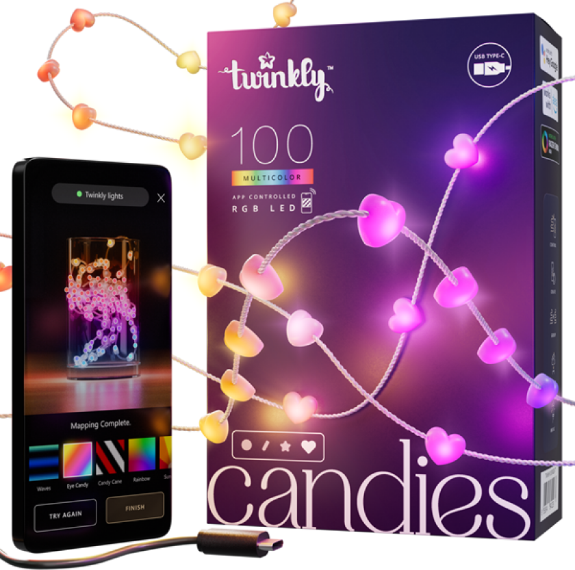 Candies - 100 Heart-shaped RGB LEDs Clear Wire USB-C