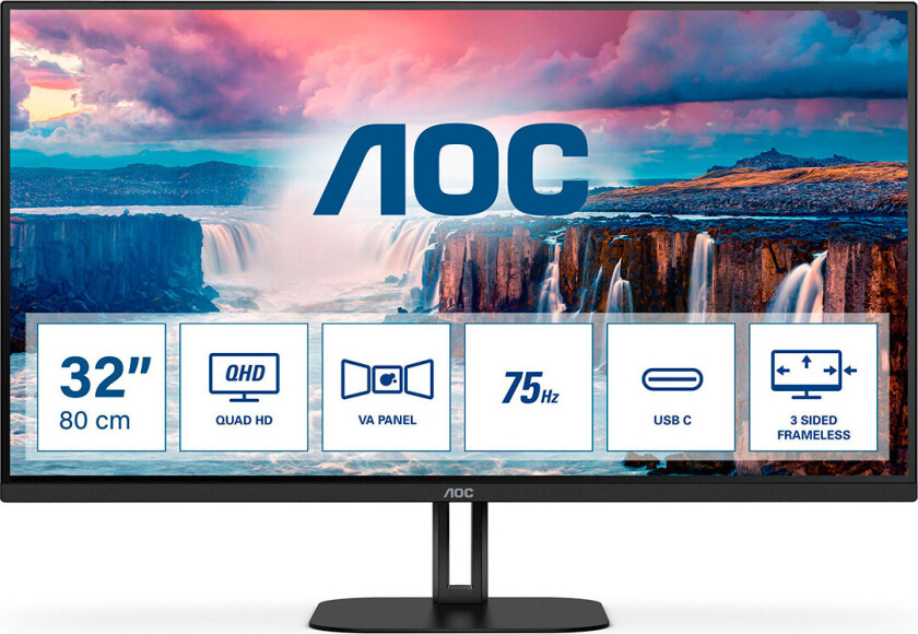 32" AOC Value-line Q32V5CE/BK - 2560x1440 - 75Hz - VA - 65W USB HUB - Skjerm