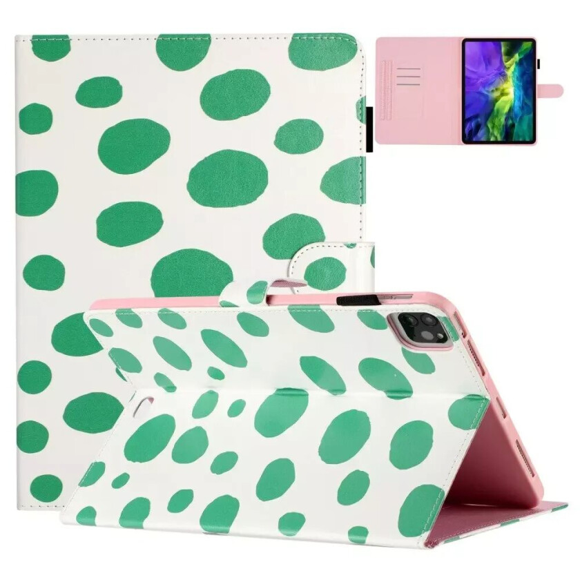 iPad Air (2022 / 2020) / Pro 11 (2022 / 2021 / 2020 / 2018) Kunstskinn Flip Deksel m. Fargede Prikker - Hvit / Grønn