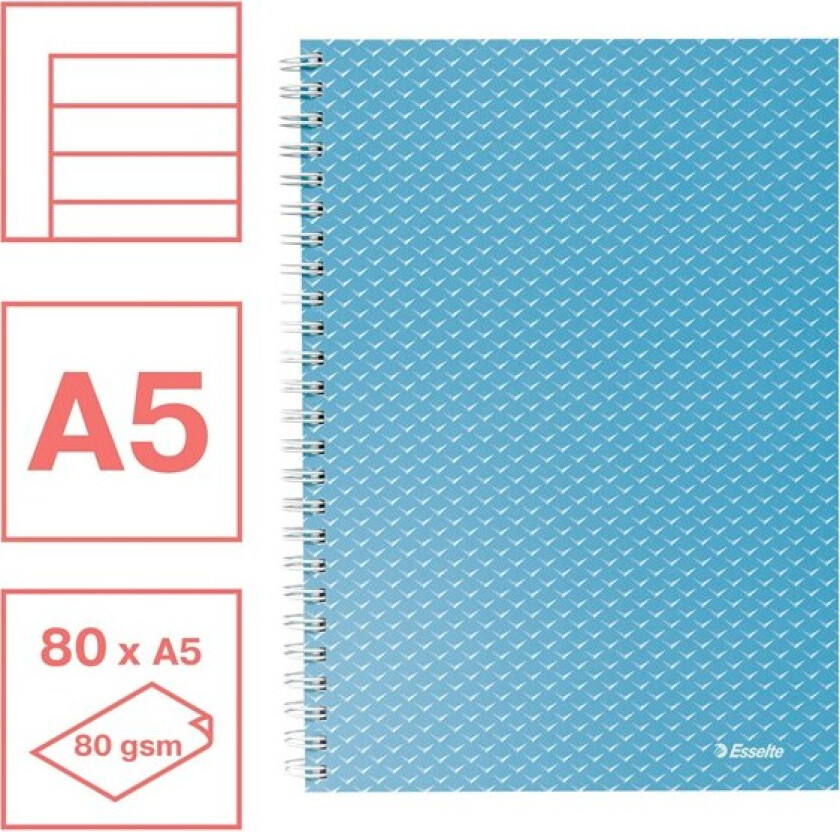 Colour'Breeze - Notisblokk - spiralbundet - A5 - 80 ark / 160 sider - linjert - 2 hull - blå - polypropylendekket kartong