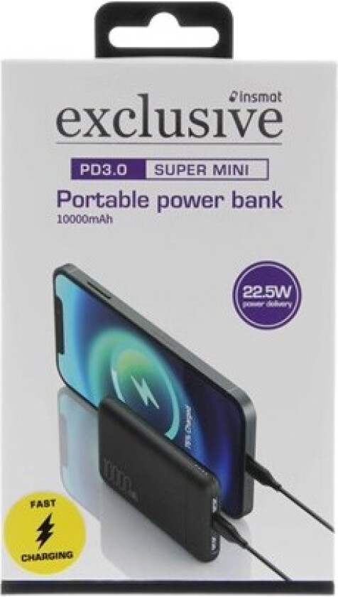 power bank - Li-pol - USB 24 pin USB-C - 22.5 Watt Nødlader - 10000 mAh