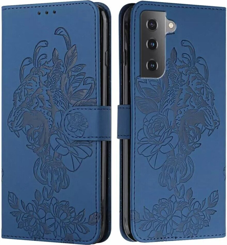 Samsung Galaxy S22 PU Skinn Flip Deksel Tiger Mønster med Stropp - Blå