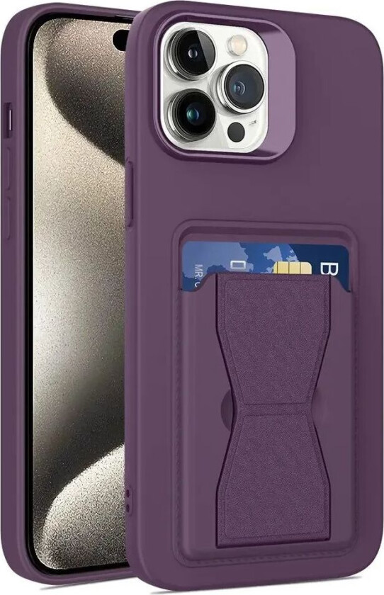 iPhone 15 Pro Max Fleksibelt Plast Deksel m. Kortholder & Kickstand - Lilla