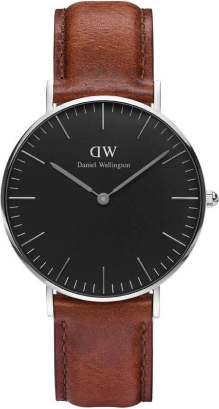 Daniel Wellington Classic Black St Mawes - Damemodell i sølv med brun lærreim - Kvarts - Sølv - Dameklokker - Skinn - Mineral