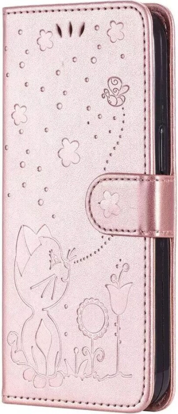 iPhone 15 Pro Flip Deksel i Skinn med Lommebok og Stropp - Kattegravering - Rosa Gull