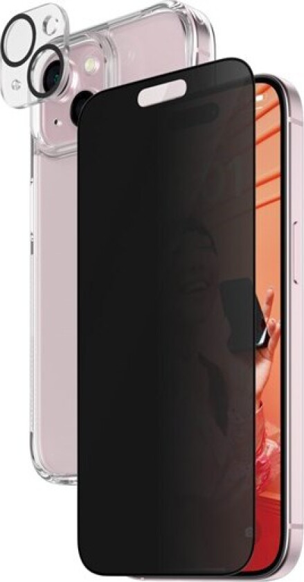 iPhone 15 3-i-1 Bundle m. EasyAligner - Privacy Skjermbeskyttelse (UWF) / Deksel / Kamerabeskyttelse - Gjennomsiktig / Svart
